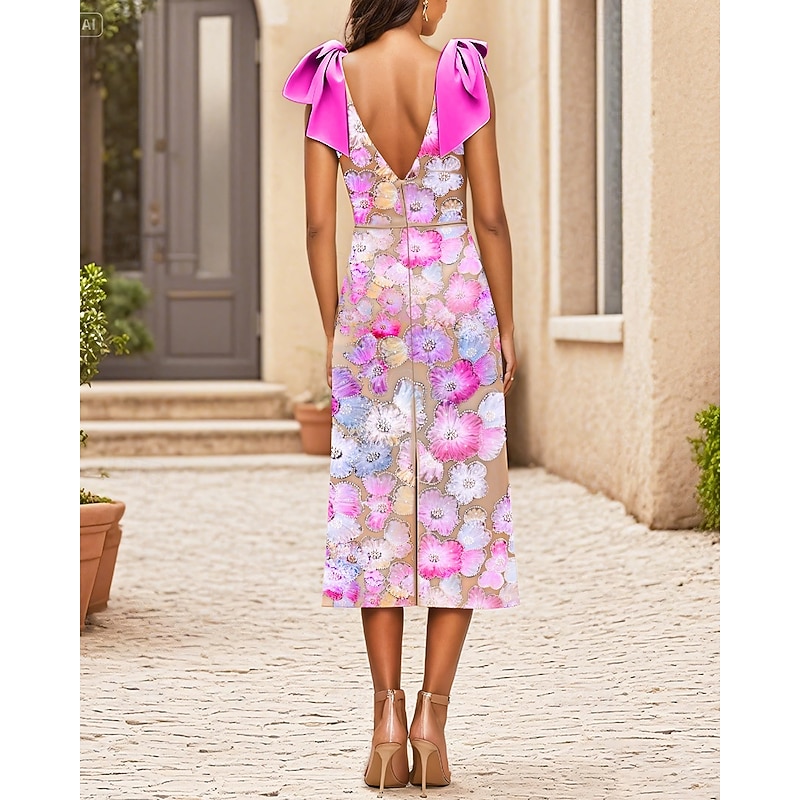 Sheath / Column Cocktail Dresses Floral Mesh Beaded Lace Elegant Dress Semi Formal Wedding Tea Length Midi Dress Sleeveless V Neck Satin with Bow(s)3