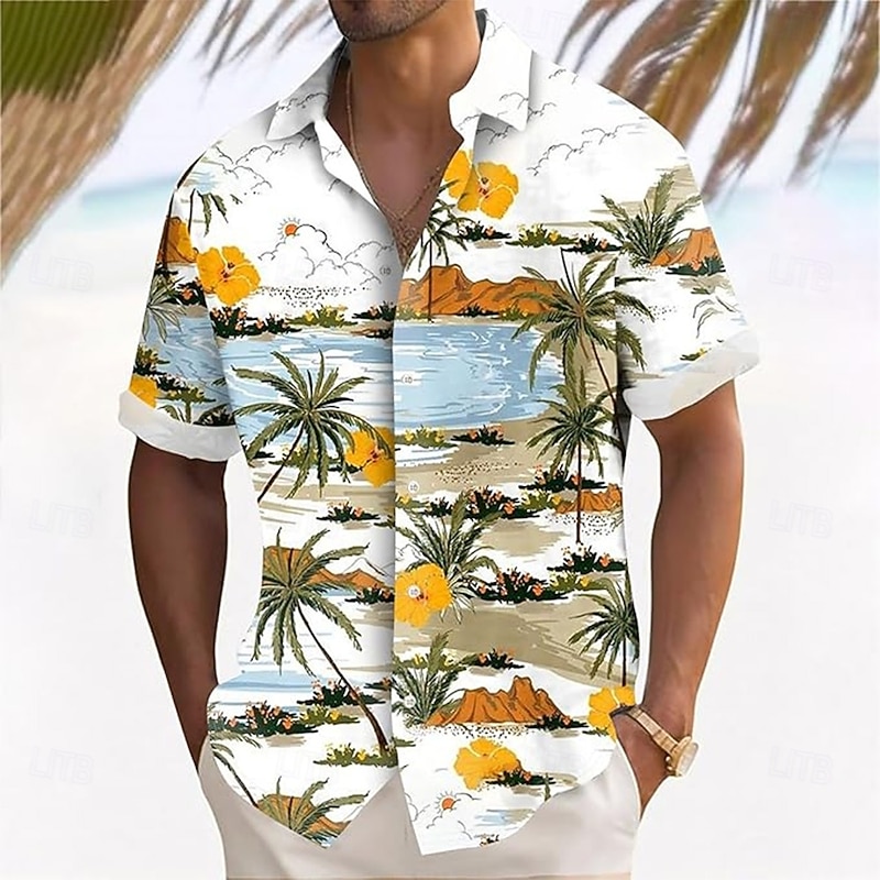 Men's Coconut Tree Tropical Flowers Shirt Summer Hawaiian Shirt Button Up Shirt Short Sleeve Hawaiian Vacation Holiday Beach Wear Summer Spring Turndown 3D Print Collared Shirts Yellow Blue3