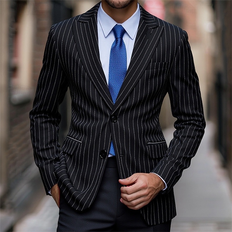 Men's Graduation Blazer Business Cocktail Party Wedding Party Fashion Casual Spring &  Fall Polyester Stripes Pocket Buttons Comfortable Single Breasted Blazer Black White Light Blue4