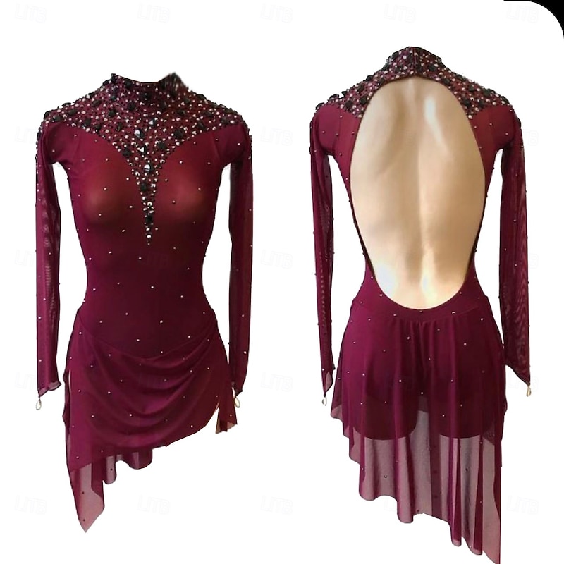 Figure Skating Dress Women's Girls' Ice Skating Dress Fuchsia Thumbhole Halo Dyeing High Elasticity Professional Competition Skating Wear Thermal Warm Crystal / Rhinestone Long Sleeve Ice Skating