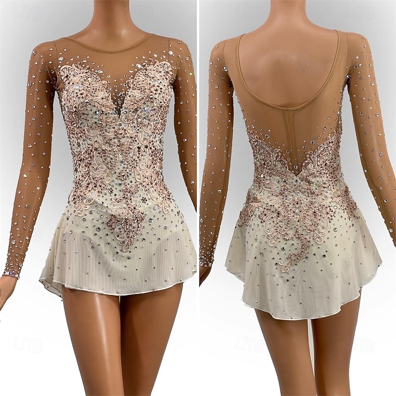 Figure Skating Dress Women's Girls' Ice Skating Dress White Patchwork Asymmetric Hem Mesh High Elasticity Training Competition Skating Wear Classic Crystal / Rhinestone Long Sleeve Ice Skating Figure