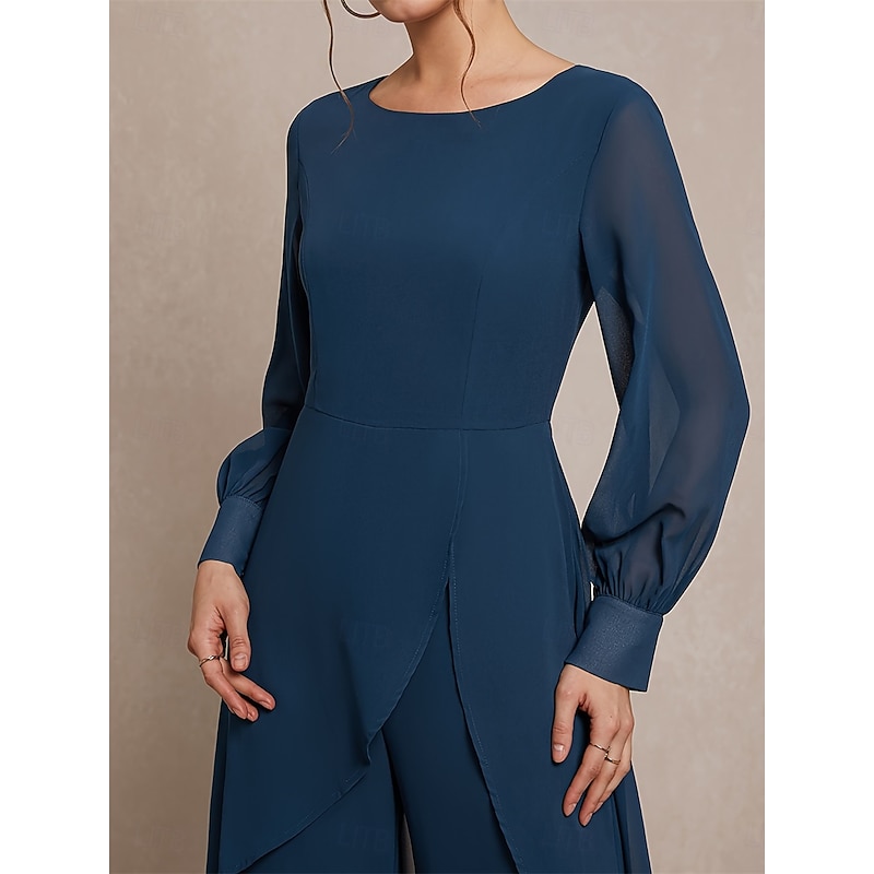 Pantsuit 2 Piece Mother of the Bride Classic Crew Neck Asymmetrical Hem Chiffon Long Sleeve with Solid Color4