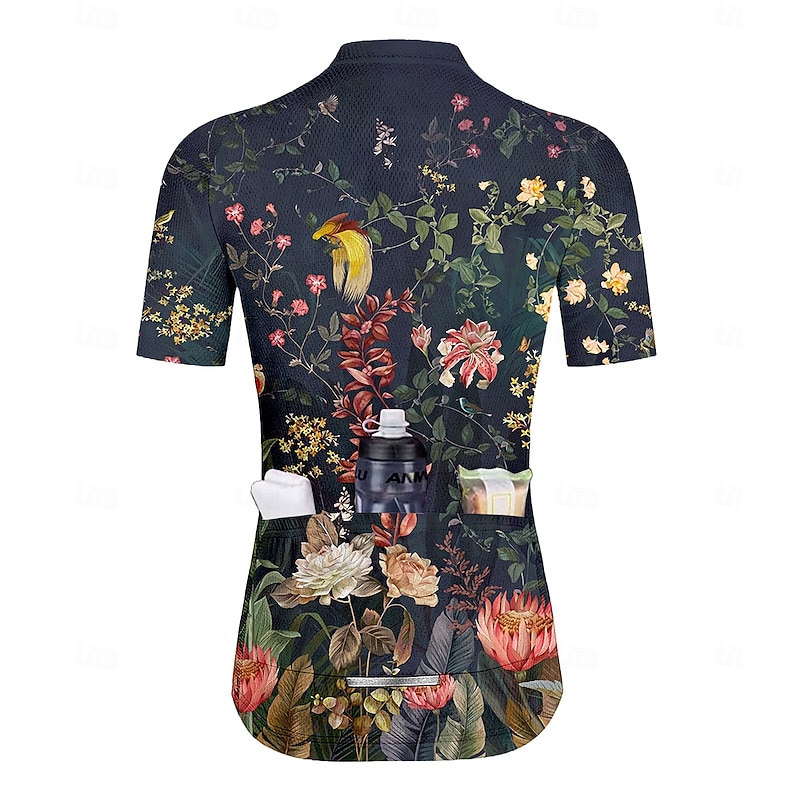 Women's Cycling Jersey Graphic Floral Botanical Vintage Short Sleeve Bike Jersey Top with 3 Rear Pockets Sunscreen UV Resistant Quick Dry Reflective Strips Sports Dark Green Clothing Apparel2
