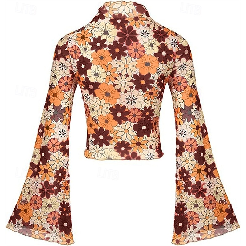 1970s Outfits for Women Bell Sleeve Tops Disco Outfit Floral Mock Neck Mesh Top2
