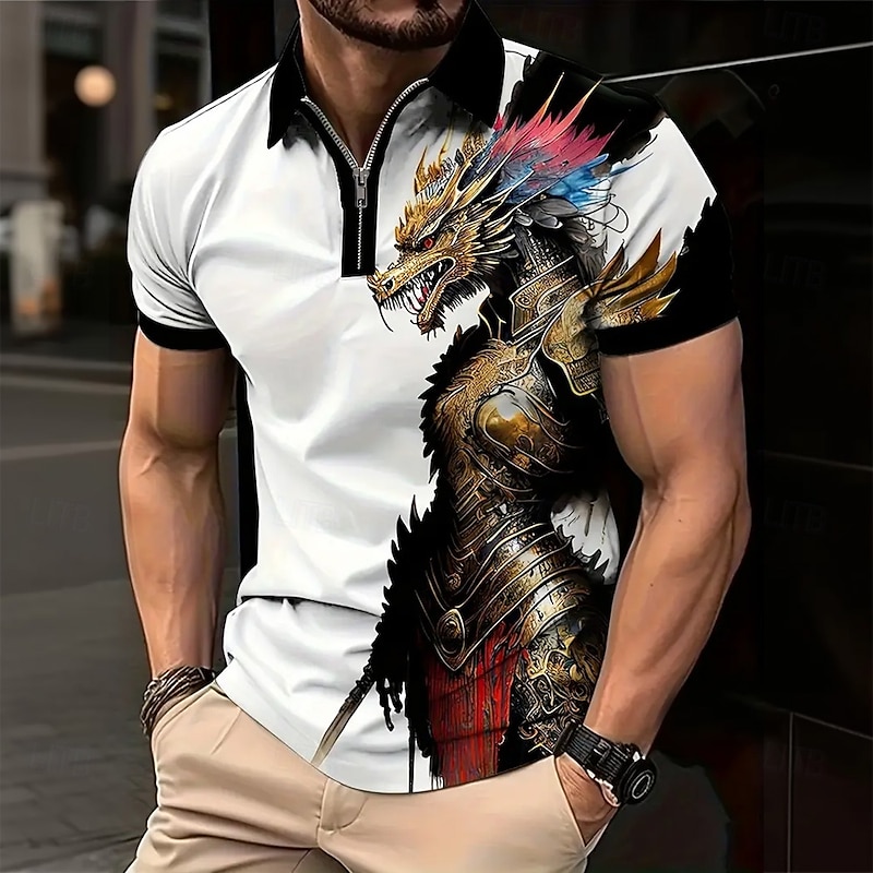 Men's Animal Patterned Zip Polo Short Sleeve Turndown Casual Daily Modern Sports & Outdoor Athleisure Casual Daily Zipper Summer White