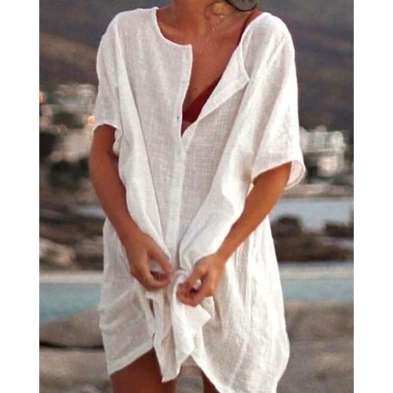 Women's Mini Dress Cotton Linen Dress Classic Vacation Daily Holiday Regular Fit Plain Short Sleeve V Neck White Yellow Pink Summer2