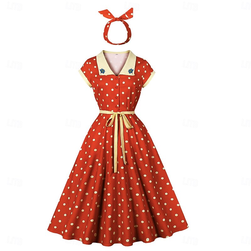 Retro Vintage 1950s Rockabilly Midi Swing Dress Flare Dress Shirt Dress Cap Sleeve Polka Dot Fancy Dress Women's Carnival Vacation Daily Wear Retro Theme Party Adults' Dress Headband Spring & Summer2