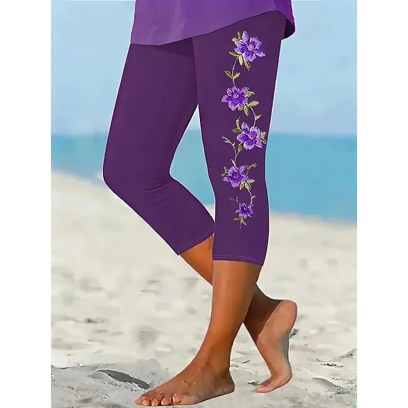 Women's Leggings Capri Pants High Elasticity Vacation Vintage Fashion Calf-Length High Waist Floral Graphic Printing Breathable Soft Stretchy Formal Vacation Office Violet White / Purple