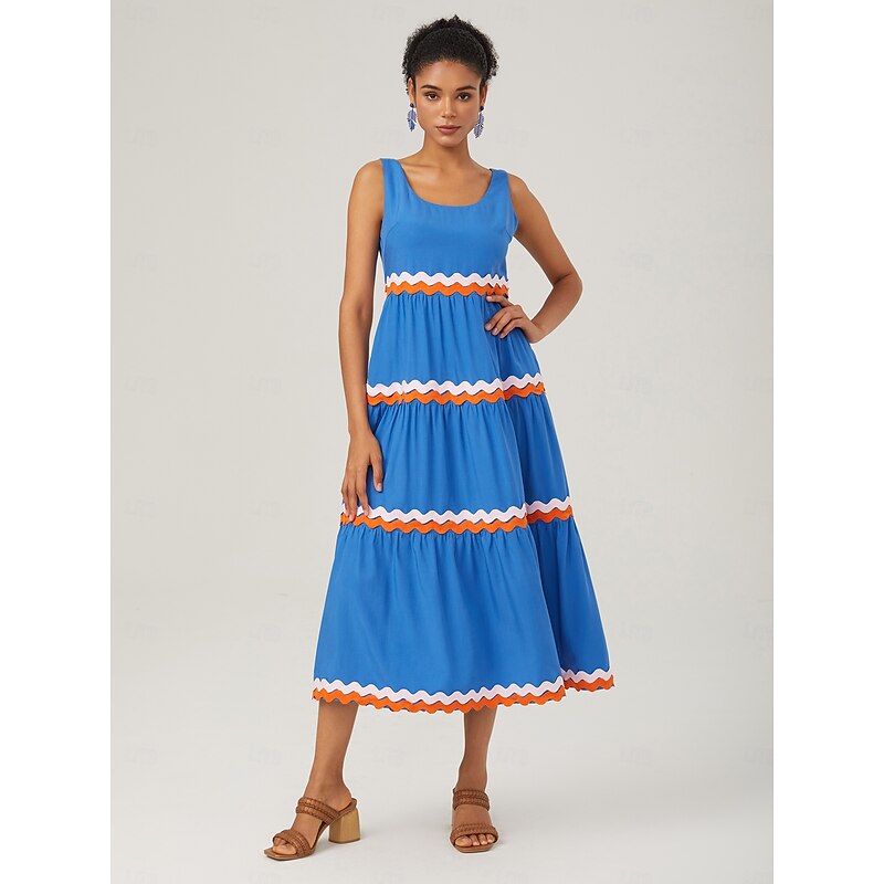 Tencel Layered Ruched Color-Blocked Webbing Dress