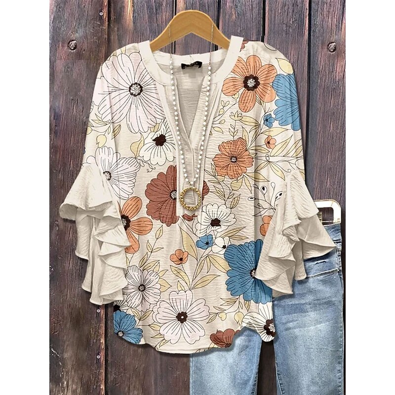 Women's Retro Blouse Layered Ruffle Sleeve Tops Vintage Floral Graphic Daily Stylish Casual 3/4 Length Sleeve Regular Tops Daily Holiday Vacation Wear Print Pink Green Beige Summer Spring