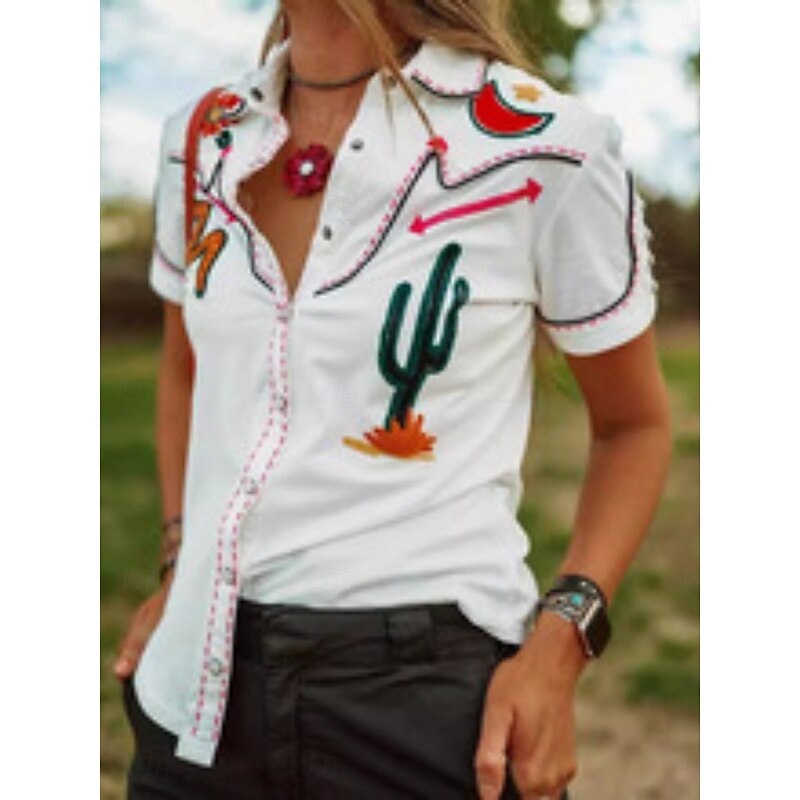Women's Shirt Button Down Blouse Floral Stylish Western Casual Short Sleeve Shirt Button Down Blouse Collar Regular Tops Daily Buttons Print White Summer3
