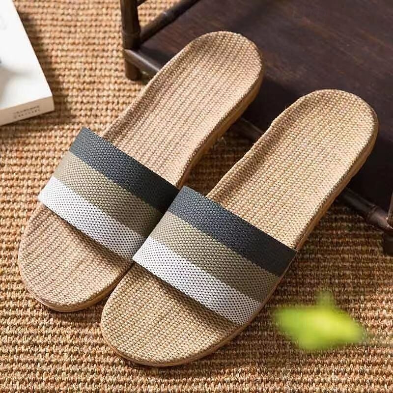 Tatami Slippers No-Slip Indoor Slippers Open Toe Men Flax Home Slippers Indoor Floor Shoes Cross Belt Silent Sweat-Absorbing and Breathable Slippers Open Toe Sandals4