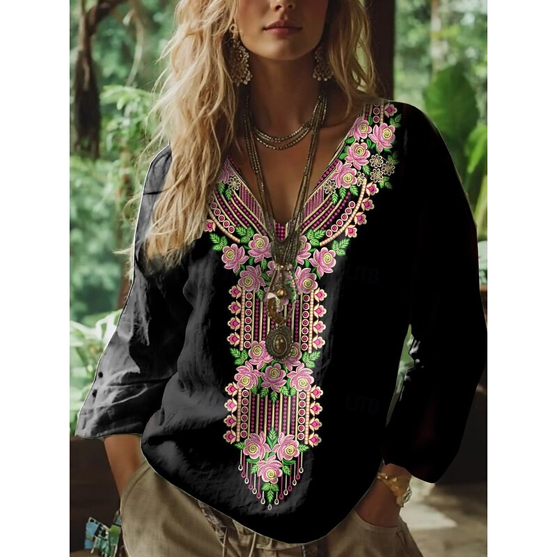 Women's Boho Blouse Floral Graphic Paisley Bohemia Vintage Tropical 3/4 Length Sleeve V Neck Regular Tops White Pink Green Summer Spring3