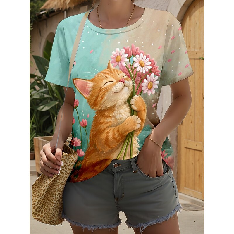 Women's T Shirt Graphic Animal Cat Stylish Classic Modern Short Sleeve Crew Neck Round Neck Regular Tops Daily Going out Weekend Print Orange Summer Spring
