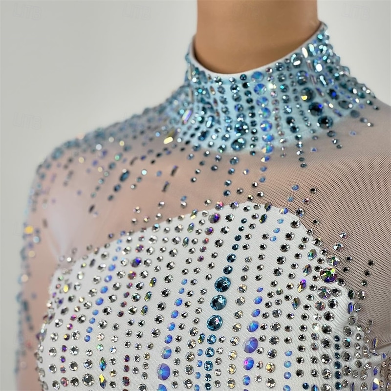 Figure Skating Dress Women's Girls' Ice Skating Dress Sky Blue White Patchwork Open Back Mesh Spandex High Elasticity Training Competition Skating Wear Classic Crystal / Rhinestone Long Sleeve Ice2