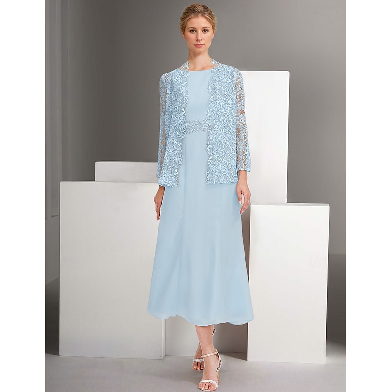 Two Piece A-Line Dress Sets Mother of the Bride Dress Elegant Crew Neck Ankle Length Chiffon Long Sleeve Jacket Dresses with Lace Embroidery
