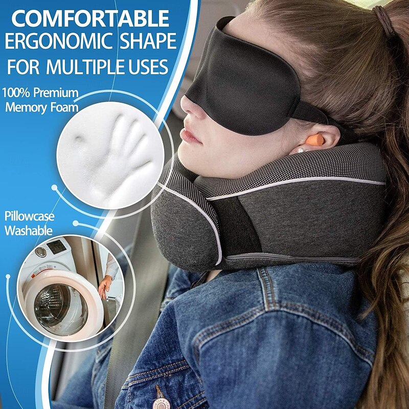Travel Neck Pillow Chin Support Pillow Adjustable 100% Pure Memory Foam, New Ergonomic Design Soft Best Full Neck Surround Pillow Sleep for Home, Airplanes & Car4
