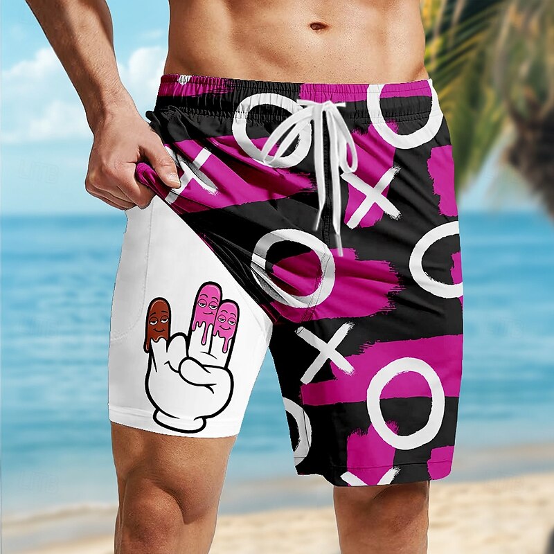 Men's Funny Lined Shorts 2 in 1 Board Shorts Swim Shorts Mid Waist Hawaiian Vacation Holiday Beach Wear Side Pockets With Compression Liner Elastic Drawstring Waist Designer Clothing Apparel4