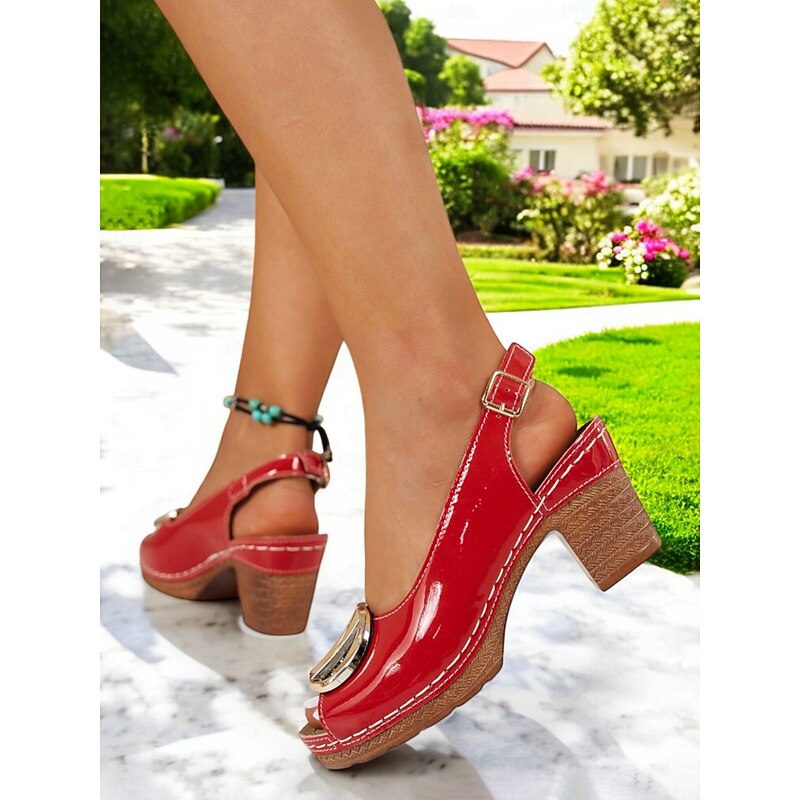 Women's Red Patent Leather Peep Toe Sandals with Gold Buckle – Retro Chunky Heel Shoes for Garden Parties & Summer Events2