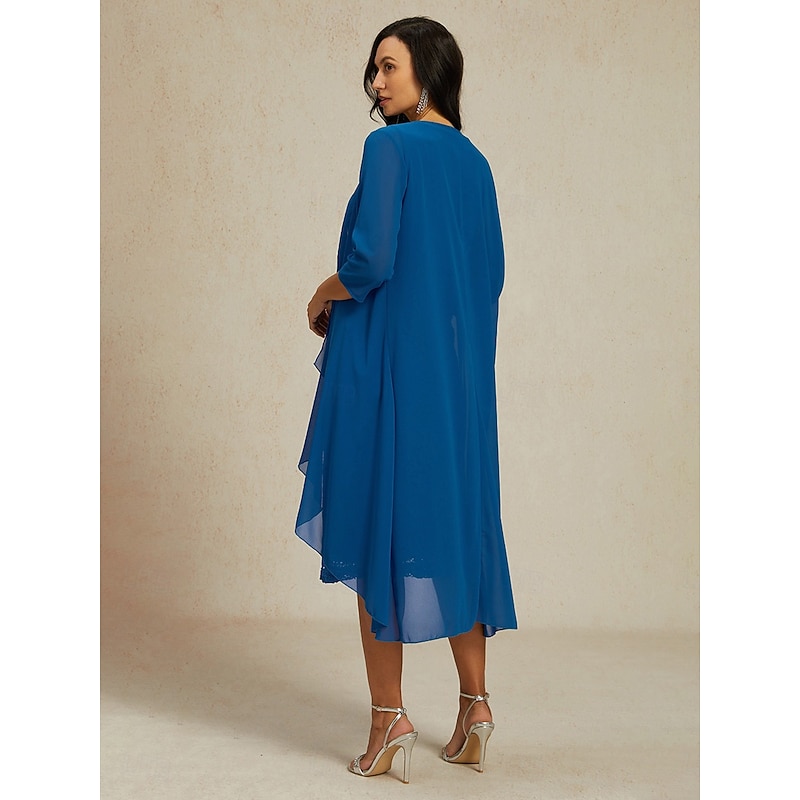 Women's Wedding Guest Cocktail Dress Elegant Two Piece Dress Set Lace Chiffon Midi Dress V Neck Long Sleeve Plain Regular Fit Wine Blue Fall Winter2