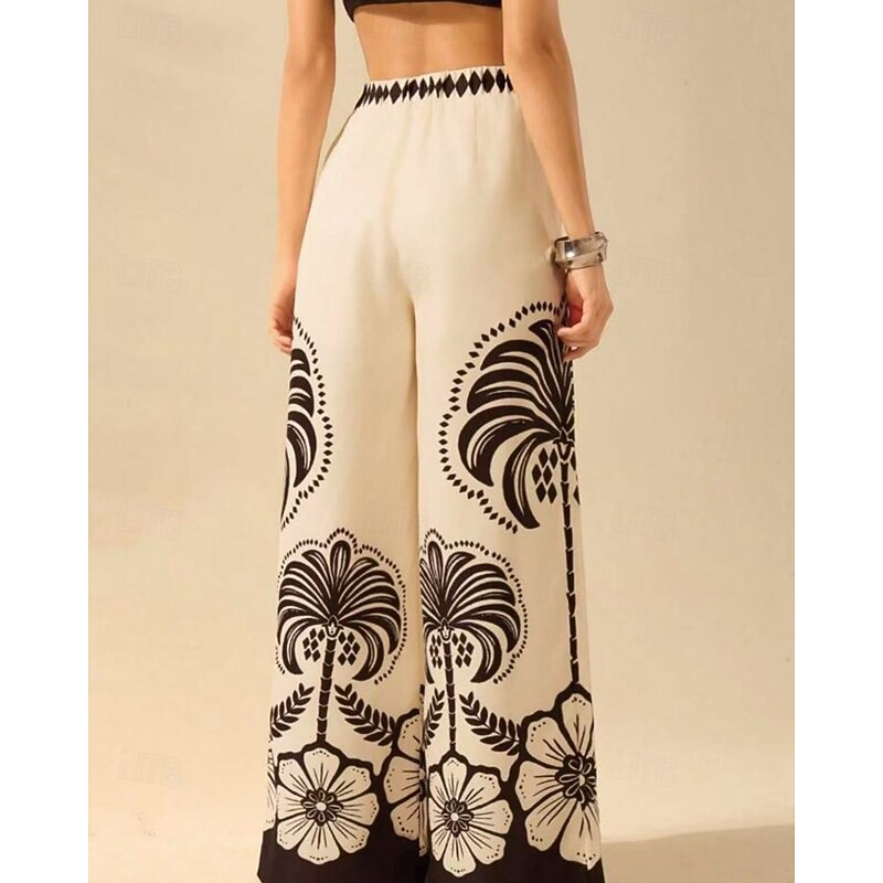 Women's Culottes Wide Leg Slacks Fashion Streetwear Full Length Natural Flower Elastic Waist Printing Comfy Comfortable Outdoor Vacation Street Black White Blue Summer Regular Fit3