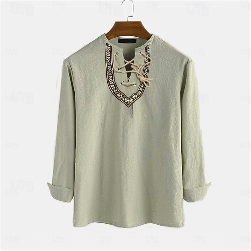 Men's Shirt Cotton Linen Shirt Casual Shirt Plain Casual Daily Black Camel Long Sleeve V Neck Summer Clothing Apparel Lace up2