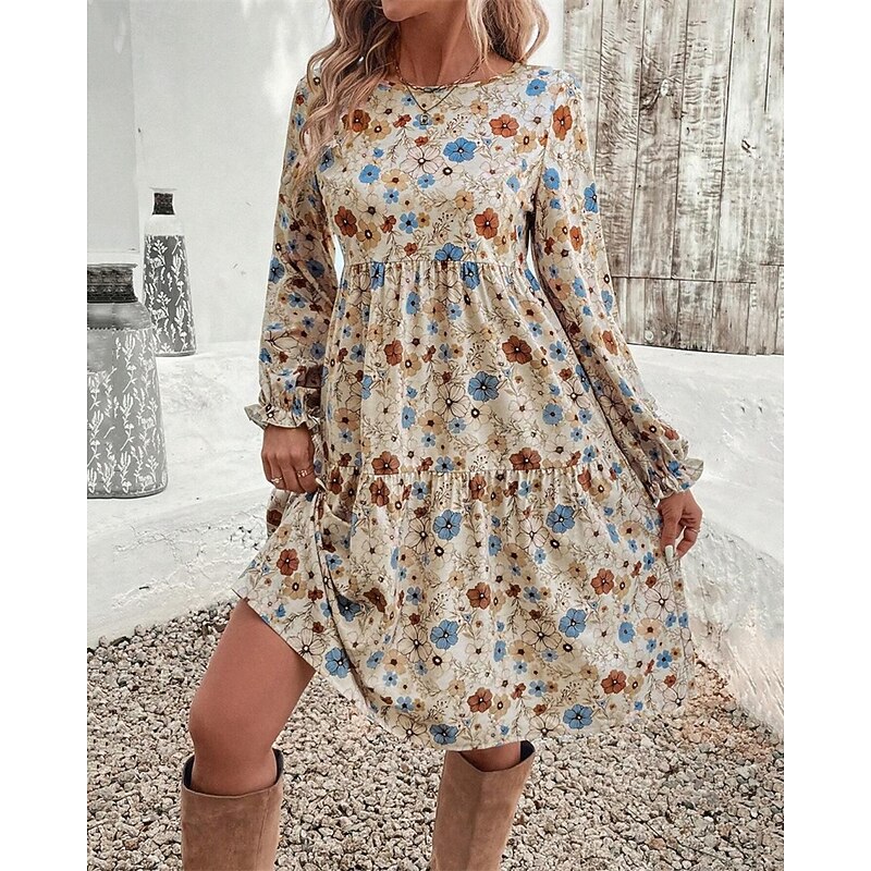 Women's Mini Dress Casual Dress Floral Dress Summer Dress Elegant Fashion Lantern Sleeve Outdoor Holiday Date Regular Fit Flower Sleeveless Crew Neck Apricot Summer Spring3