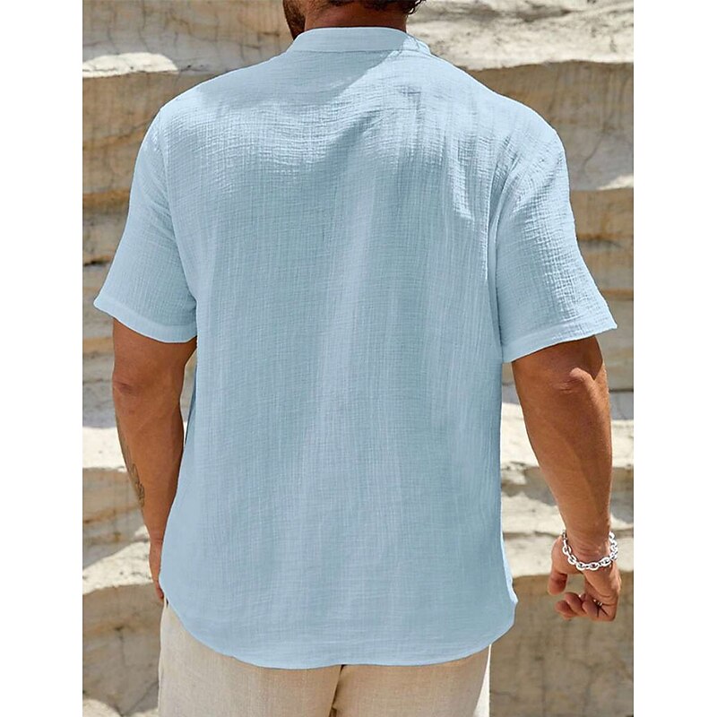 Men's Shirt Linen Shirt Popover Shirt Summer Shirt Beach Wear Henley Shirt Solid Color Vacation Dailywear White Sky Blue Short Sleeve Stand Collar Summer Spring Clothing Apparel2