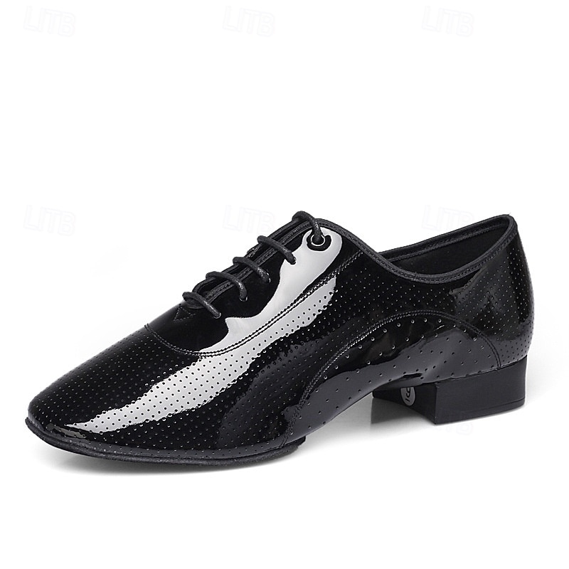 Men's Black and White Patent Leather Dance Shoes – Stylish Lace-Up Oxford Shoes with Perforated Detailing for Ballroom, Latin and Social Dancing4