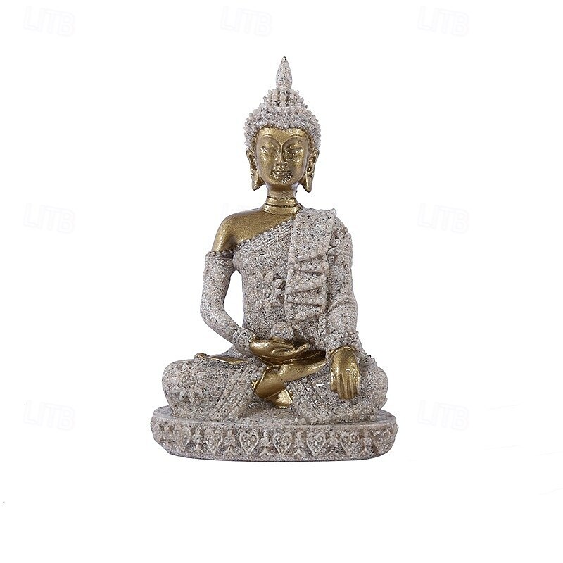 Sandstone Sitting Buddha Resin Statue,Southeast Asian Decorative Sculpture for Home Decor, Meditation Desk Ornament, Zen Craft Gift2