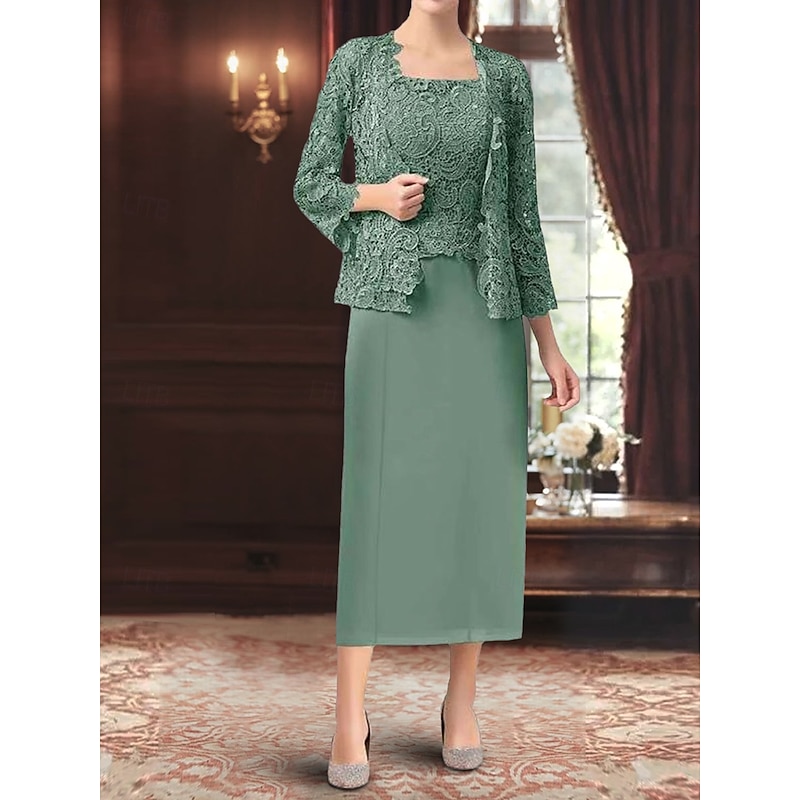 Dress Sets Mother of the Bride Dress Wedding Guest Elegant Simple Scoop Neck Floor Length Polyester Long Sleeve with Solid Color