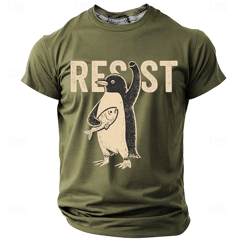 Men's Graphic T-Shirt: Resist Penguin with Fish Design - Short Sleeve Lifestyle Tee2