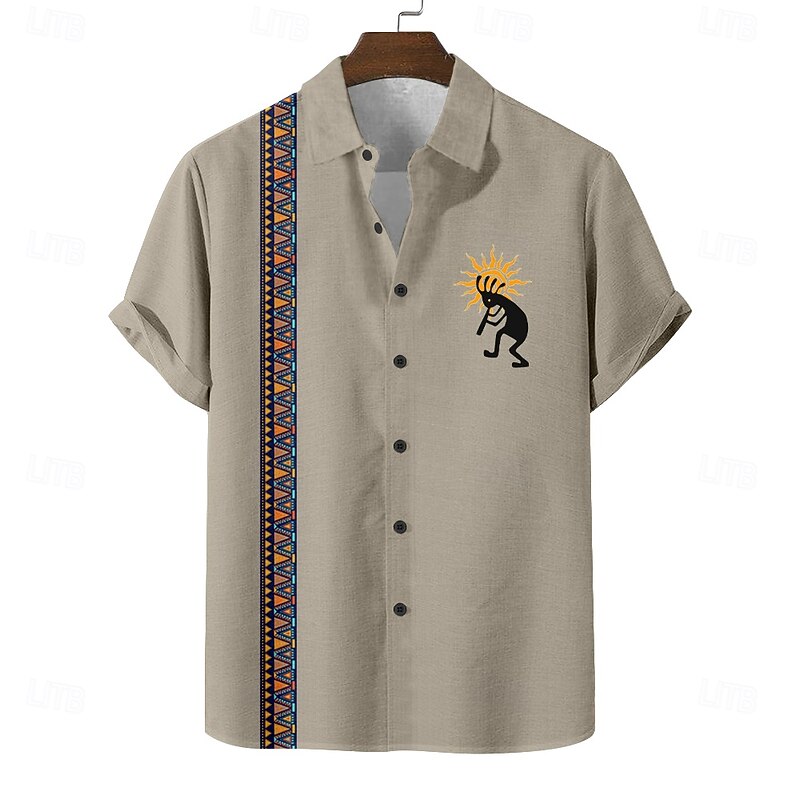 Men's Geometric Ethnic Kokopelli Shirt Summer Shirt Button Up Shirt Short Sleeve Vintage Retro Holiday Casual Daily Summer Spring Turndown 3D Print Linen Like Shirt Blue Green Khaki Dark Blue2