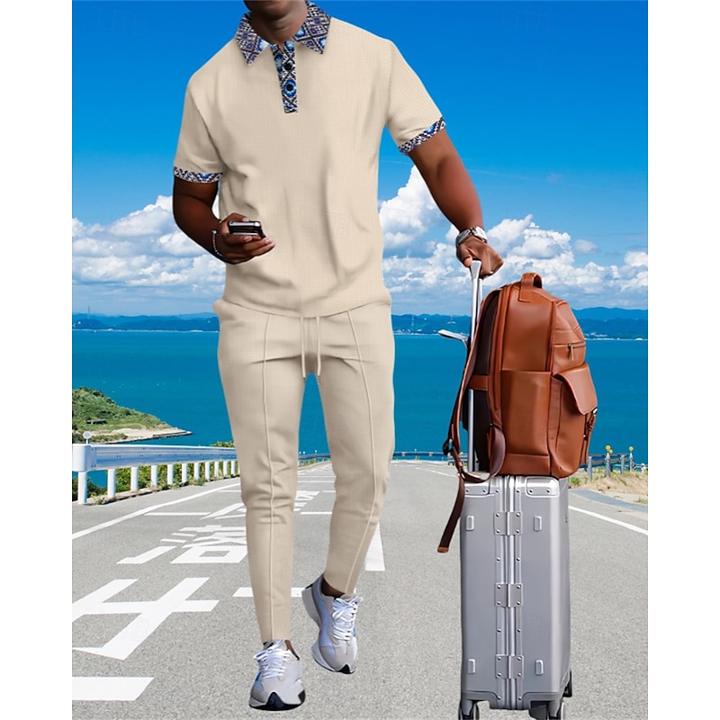 Men's Waffle Shirt T-shirt Suits Shirt and Pant Sets 2 Pieces Outfits Short Sleeve Lapel Summer Color Block Fashion Casual Patchwork 2 Piece Vacation Daily Wear Going out Black White Royal Blue Top