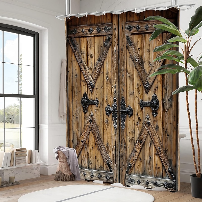 Shower Curtain with 12 Hooks 180cm*180cm(70"*70") Polyester Machine Washable Waterproof Vintage Fake Door Barn Pattern3