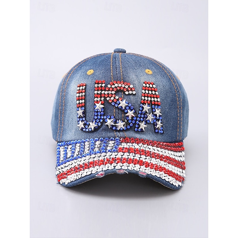 USA Rhinestone Denim Baseball Cap – Sparkly Patriotic American Flag Hat for Women and Men, Adjustable 4th of July Independence Day Outfit Accessory4