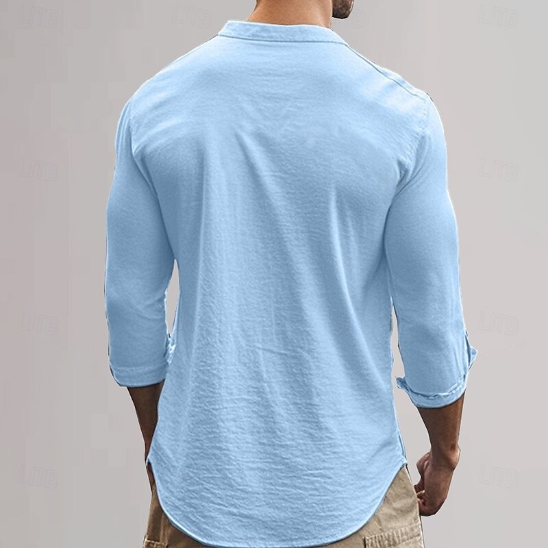 Men's Cotton Linen Shirt Plain Vacation Black White Khaki Dark Gray Long Sleeve Grandad Collar Clothing Apparel3