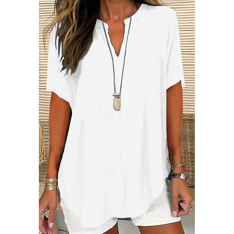 Women's Shirt Blouse Cotton Linen Shirts Plain Basic Casual Short Sleeve V Neck Regular Tops Daily Holiday Asymmetric Hem Black White Blue Purple Summer