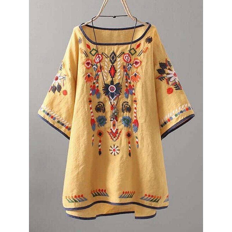 Women's Blouse Floral Bohemia Basic Casual Half Sleeve Crew Neck Regular Tops Daily Embroidered White Yellow Red Summer2