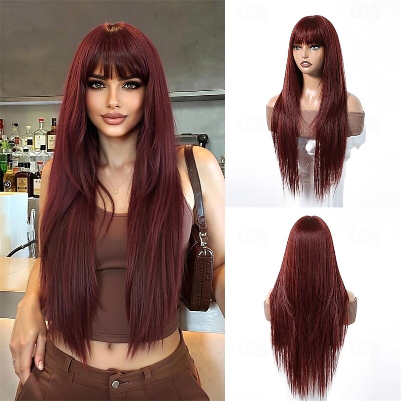Reddish Brown Synthetic Wig with Bangs Auburn Glueless Long Straight Layered Wigs for Women 28 Inch