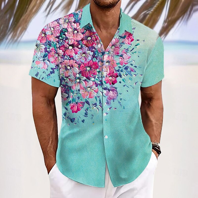 Men's Floral Print Tropical Flowers Shirt Summer Hawaiian Shirt Button Up Shirt Short Sleeve Hawaiian Resort Vacation Holiday Beach Wear Summer Spring Turndown 3D Print Collared Shirts Yellow Blue