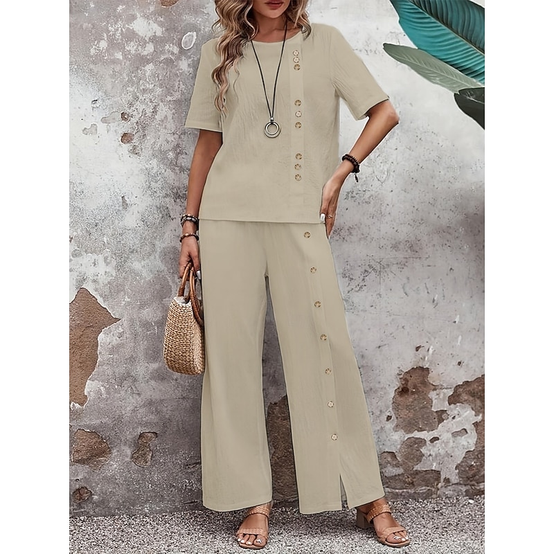 Women's Fashion Streetwear Daily T Shirt Wide Leg Pants Half Sleeve Crew Neck Plain Casual Daily Khaki Spring &  Fall Regular Fit