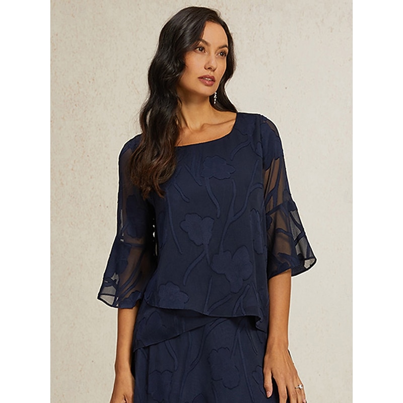 Women's Lace Shirt Blouse Dressy Tops Chiffon Tops Solid Color Elegant Stylish Basic 3/4 Length Sleeve Bell Sleeve Boat Neck Regular Tops Wedding Guest Work Daily Asymmetric Hem Navy Blue Summer