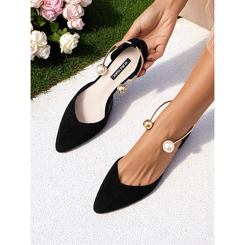 Women's Burgundy Pointed Toe Flats – Suede Shoes with Pearl Anklet Strap for Elegant Daytime Dates