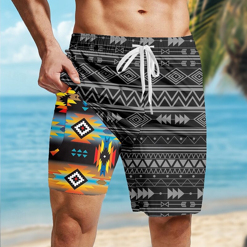 Men's Aztec Ethnic Lined Shorts 2 in 1 Board Shorts Swim Shorts Mid Waist Hawaiian Retro Vintage Vacation Holiday Beach Wear Side Pockets With Compression Liner Elastic Drawstring Waist Designer