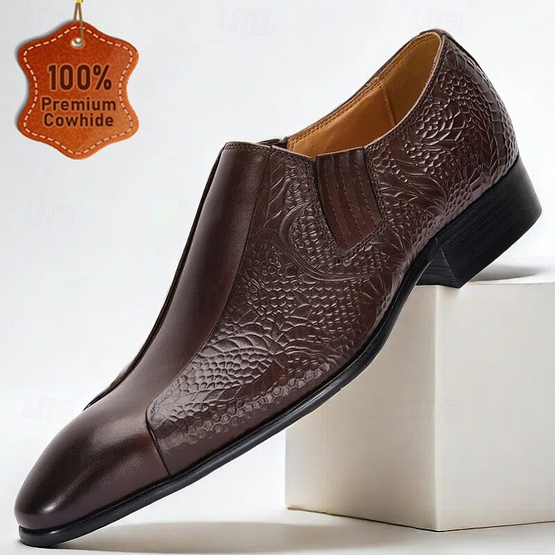 Men's Dark Brown Crocodile Pattern Leather Loafers with Elastic  Kentucky Derby Shoes for Business Casual