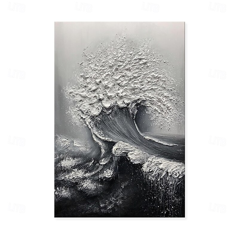 Handmade Oil Painting Canvas Wall Art Decoration 3D Palette Knife Black and White Ocean Wave Abstract Landscape for Home Decor Stretched Frame Hanging Painting/Rolled Frameless Unstretched Painting4