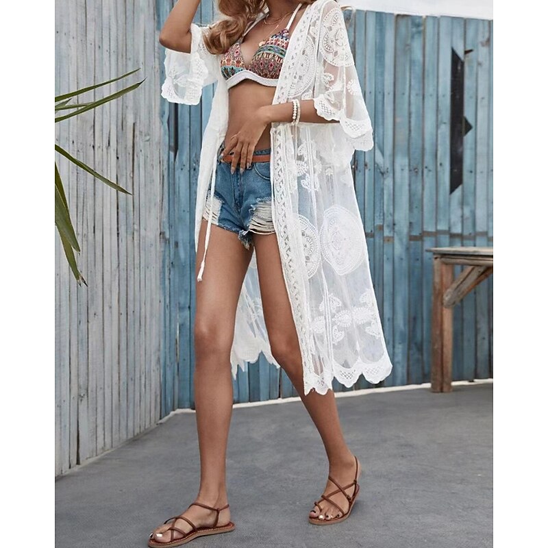 Women's Swimwear Cover Up Swimsuit Lace Patchwork Tropical Beach Wear Solid Color V Wire Short Sleeves Bathing Suits3