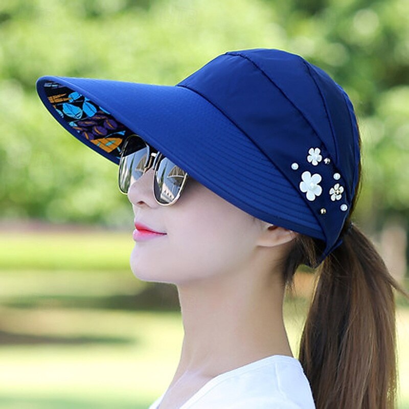 Summer Foldable Sunscreen Hat Wide Brim Women Solid Color Beads Flower Decor Sun Hat Visors Outdoor Sports Cap