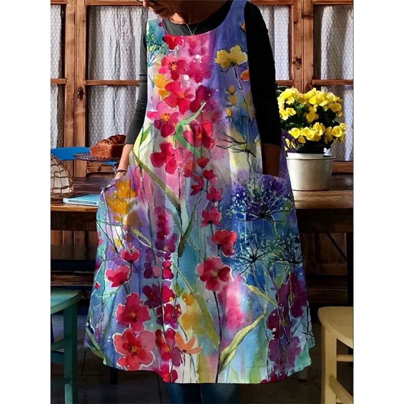 Women's Midi Dress Casual Dress Cotton Linen Dress Summer Dress Print Dress Fashion Modern Daily Weekend Regular Fit Floral Sleeveless Crew Neck Red Royal Blue Summer3